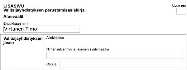 mallipohja siitä, miltä kannatusilmoitus näyttäisi